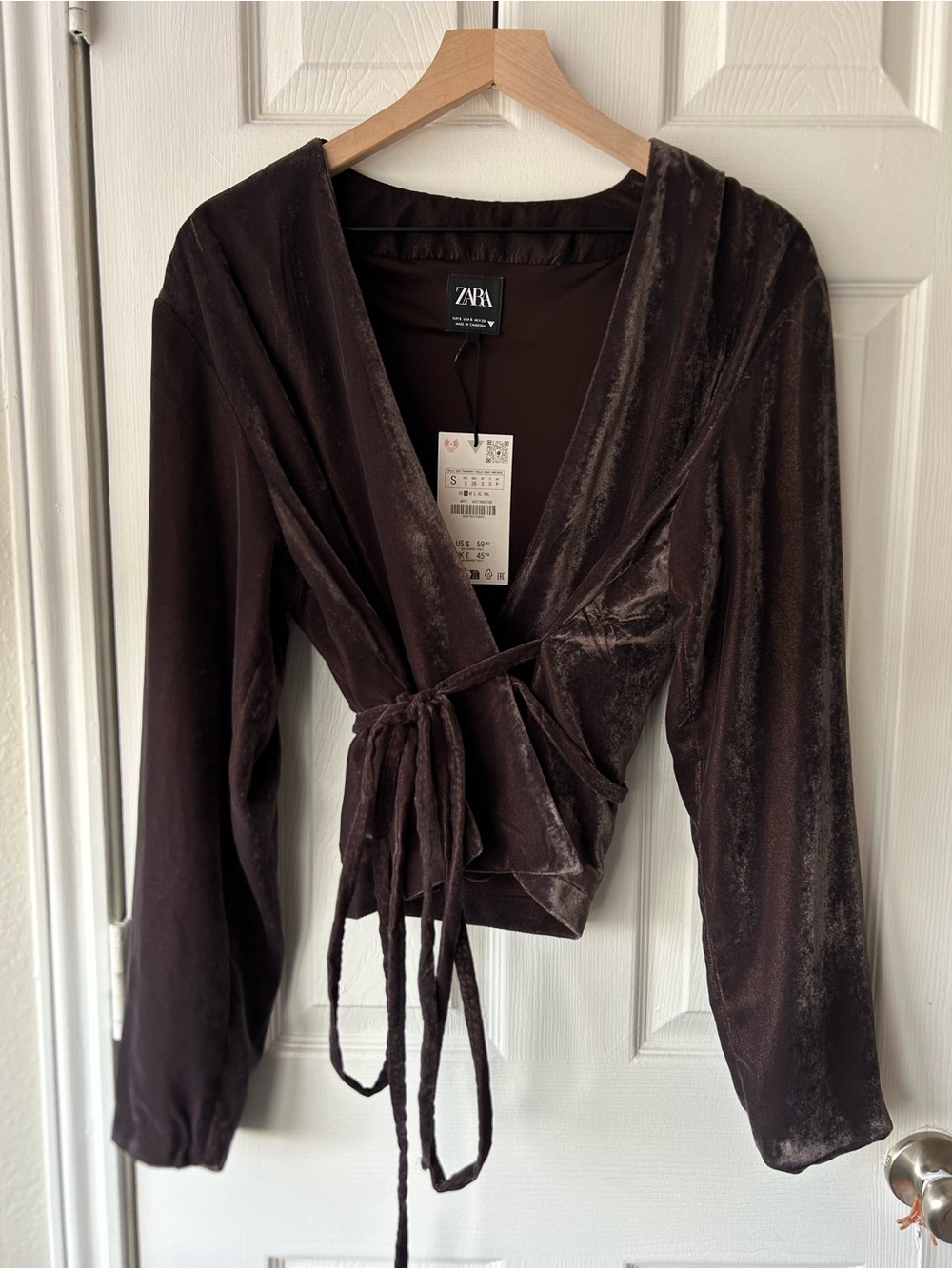 Zara Dark Brown Velvet Wrap Tie Blouse NWT
